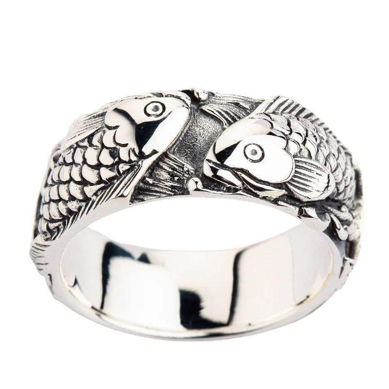 Simple rings with polished black onyx shine -Japanese Koi Fish 925 Sterling Silver Wedding Band Ring