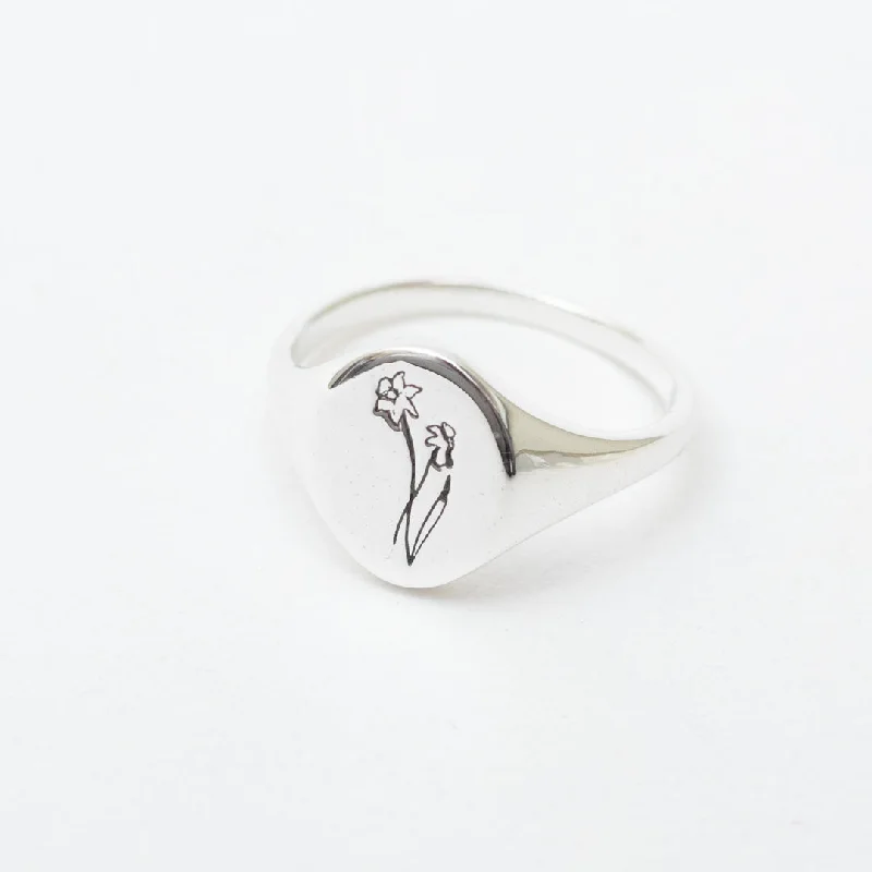 Rings with polished onyx for sleek contrast -March Birth Flower Signet Ring