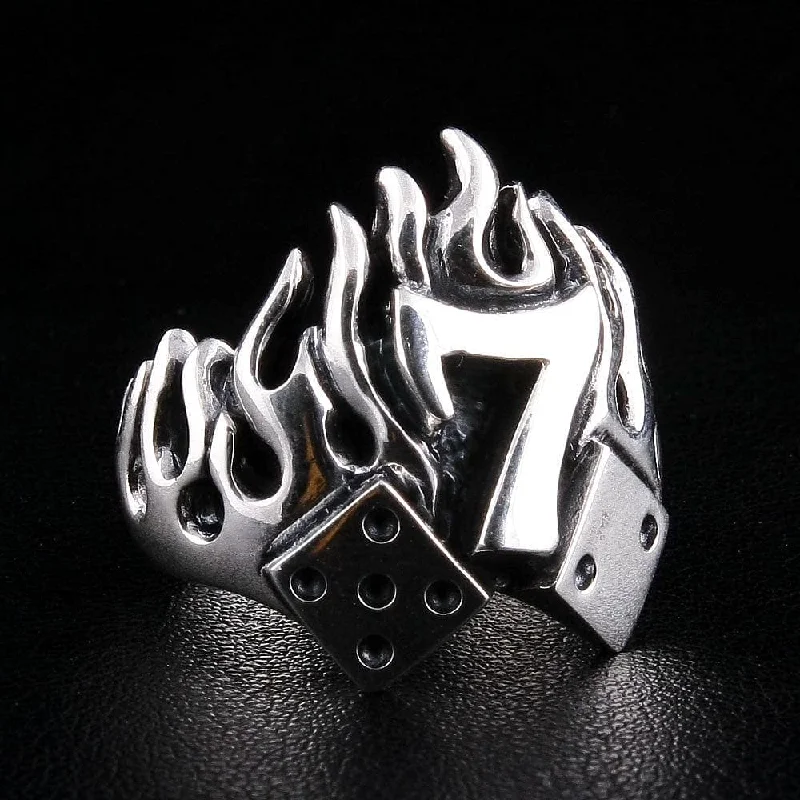 Rings with sunstone gems for fiery sparkle -Number 7 Dice Flame Sterling Silver Biker Ring