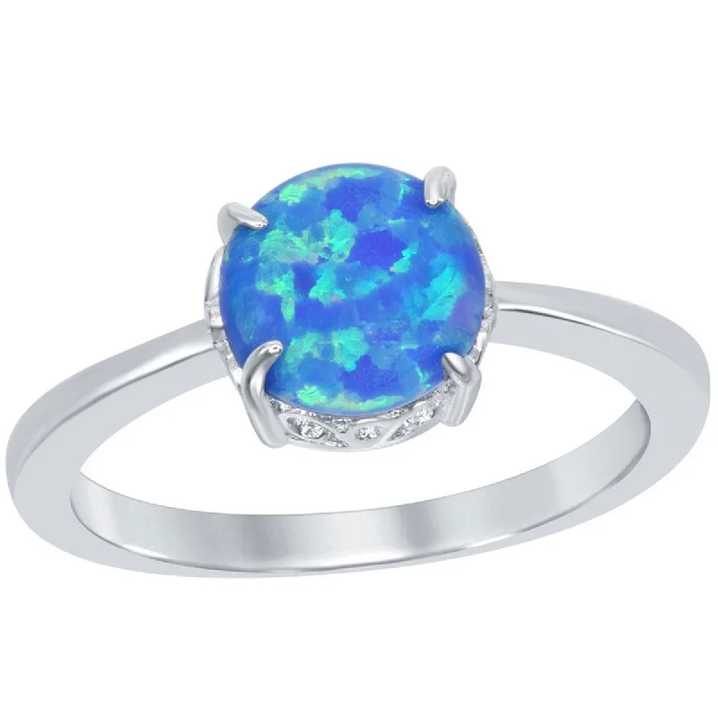 Rings with sleek black agate for edge -Opalata Women's Four-Prong Round Blue Opal Ring - W-1851