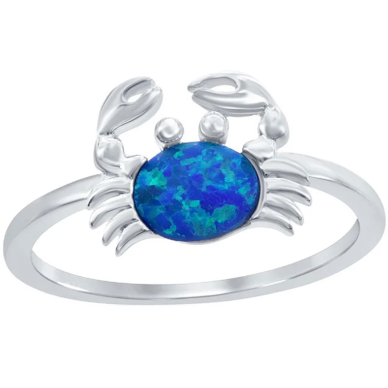 Rings with oxidized bands for vintage edge -Opalata Women's Silver Blue Inlay Opal Crab Ring - W-1907