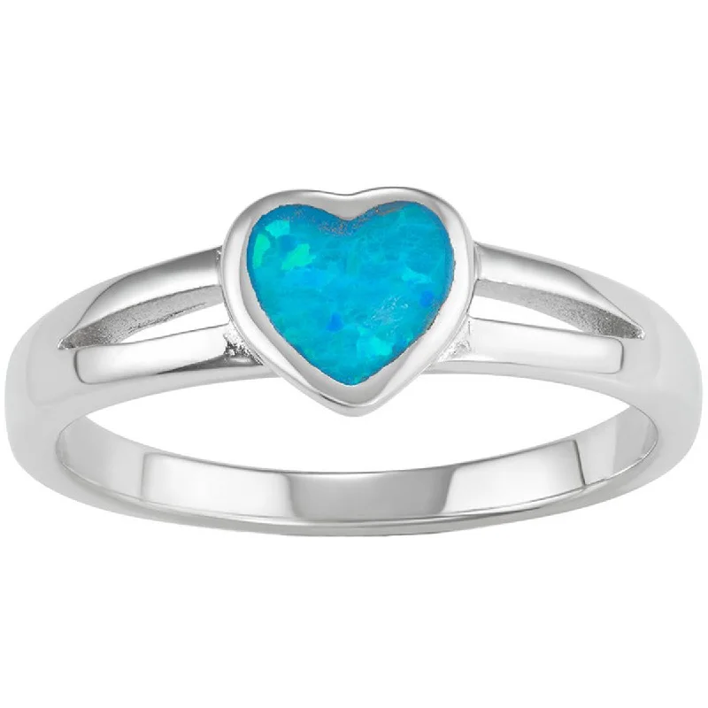 Rings with birthstone clusters for personalization -Opalata Women's Silver Blue Opal Heart Ring - W-1572