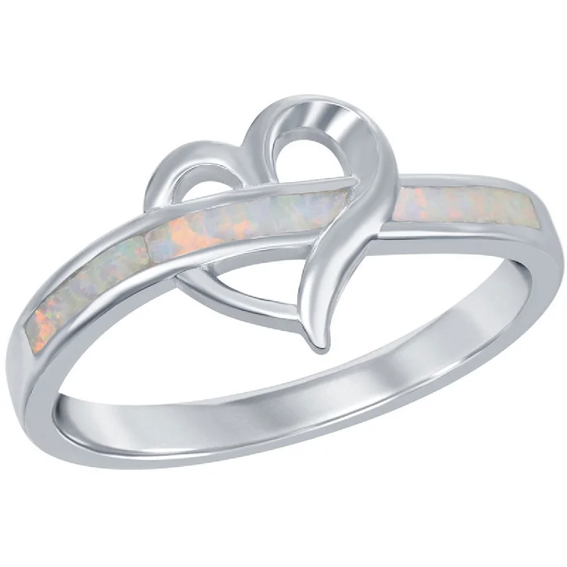 Rings with matte gold for subtle luxury -Opalata Women's Silver Open Heart White Opal Ring - W-2528