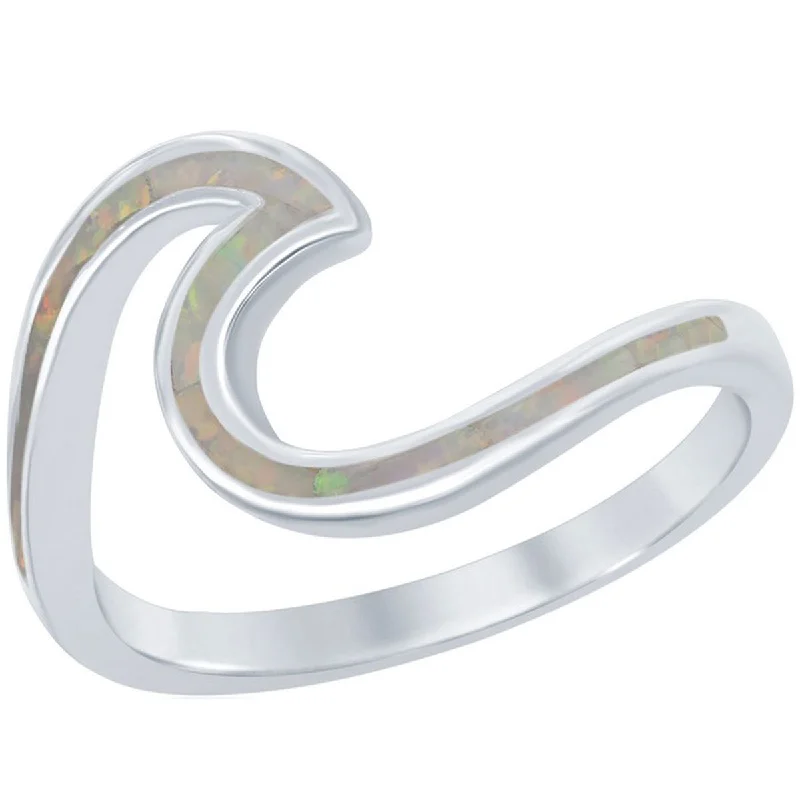 Rings with tiger eye bands for warmth -Opalata Women's White Opal Wave Design Ring - W-1887