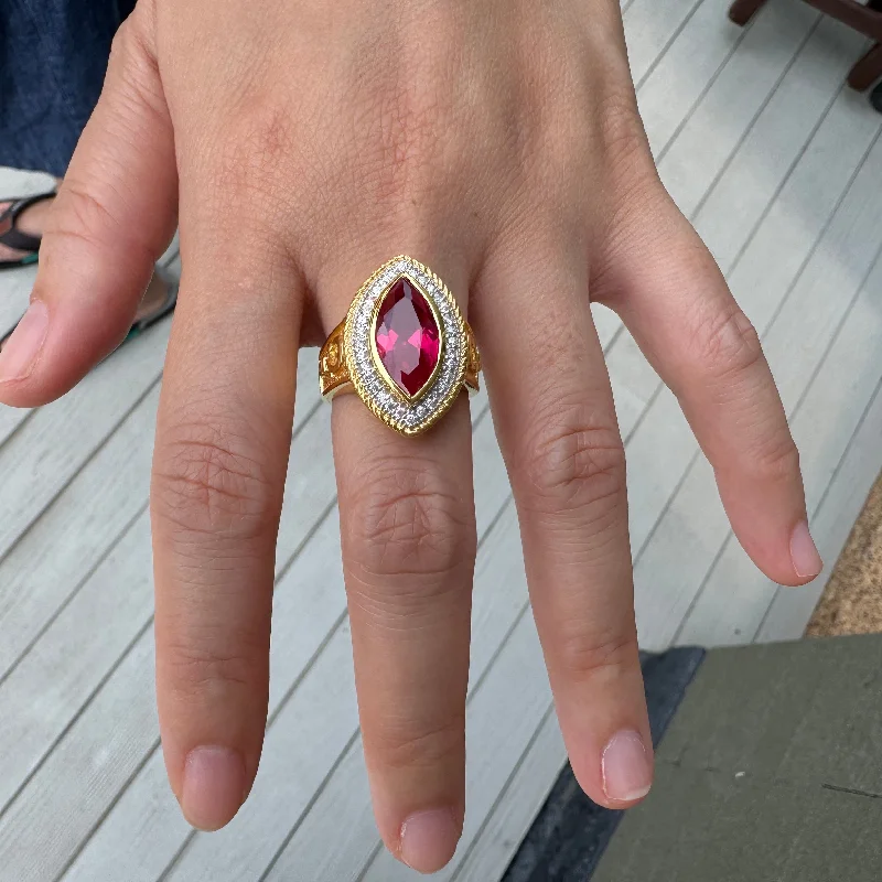 Rings with carved onyx for bold sleekness -Pastoral's Staff Marquise Red Ruby Womens Bishop Ring