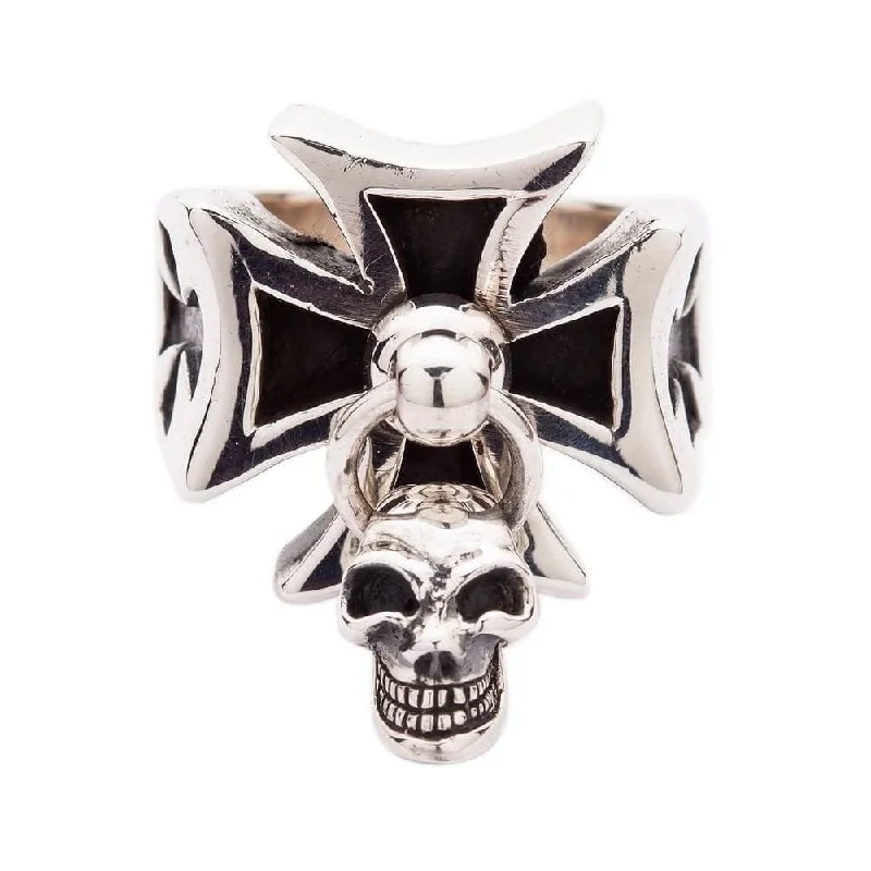 Rings with pave-set gemstones for brilliance -Punk Dangle Sterling Silver Cross Skull Ring