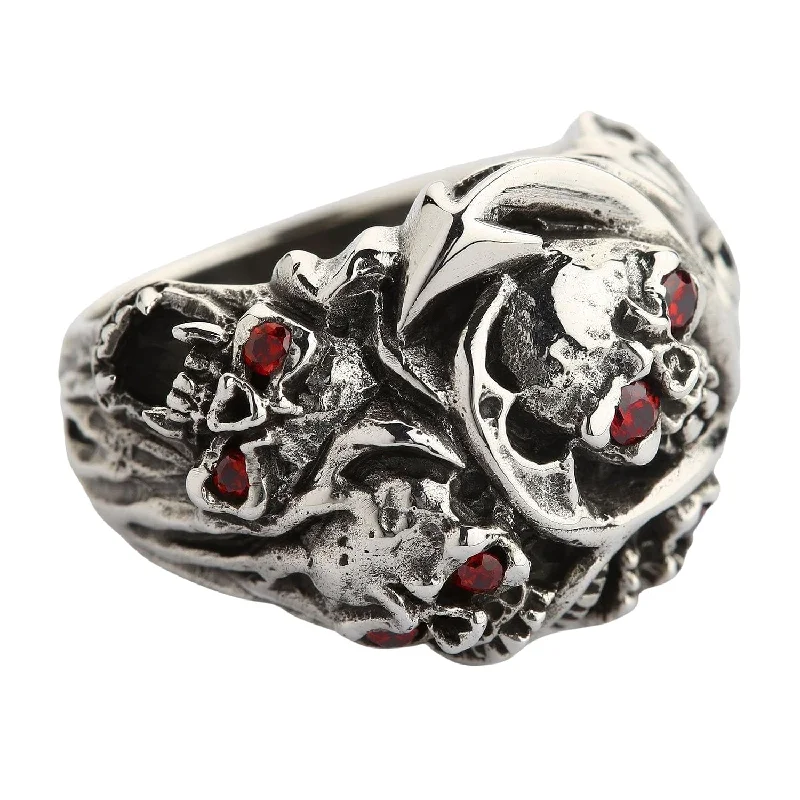 Engagement rings with classic solitaire ruby stones -Red Eyes Inferno Skull Sterling Silver Gothic Ring