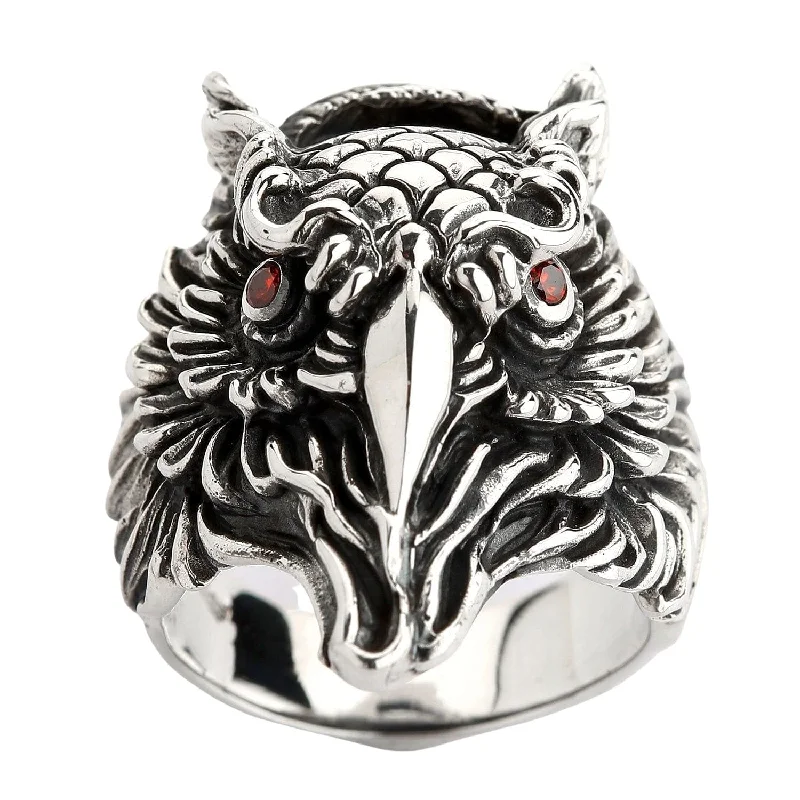 Rings with rough opal for organic shine -Red Eyes Owl Sterling Silver Gothic Ring