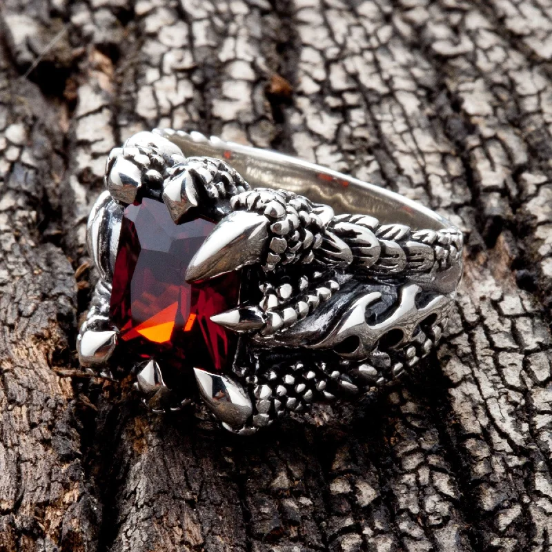 Rings with moonstone gems for ethereal glow -Red Garnet Claw 925 Sterling Silver Gothic Ring