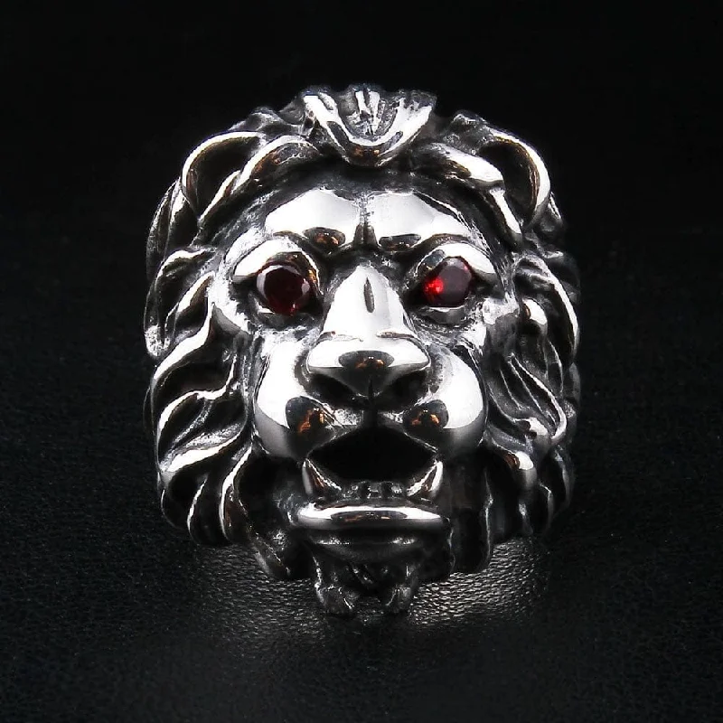 Rings with engraved constellations for stargazers -Red Garnet Eyes Sterling Silver Lion Men's Ring