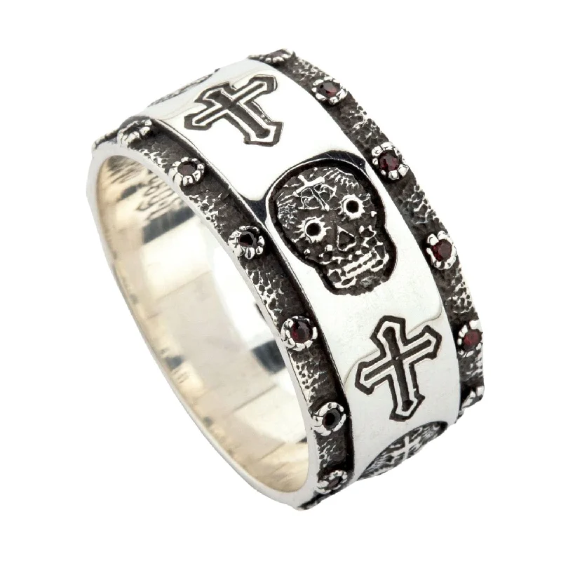 Rings with blue quartz for cool tones -Santa Muerte Skull Cross Sterling Silver Ring