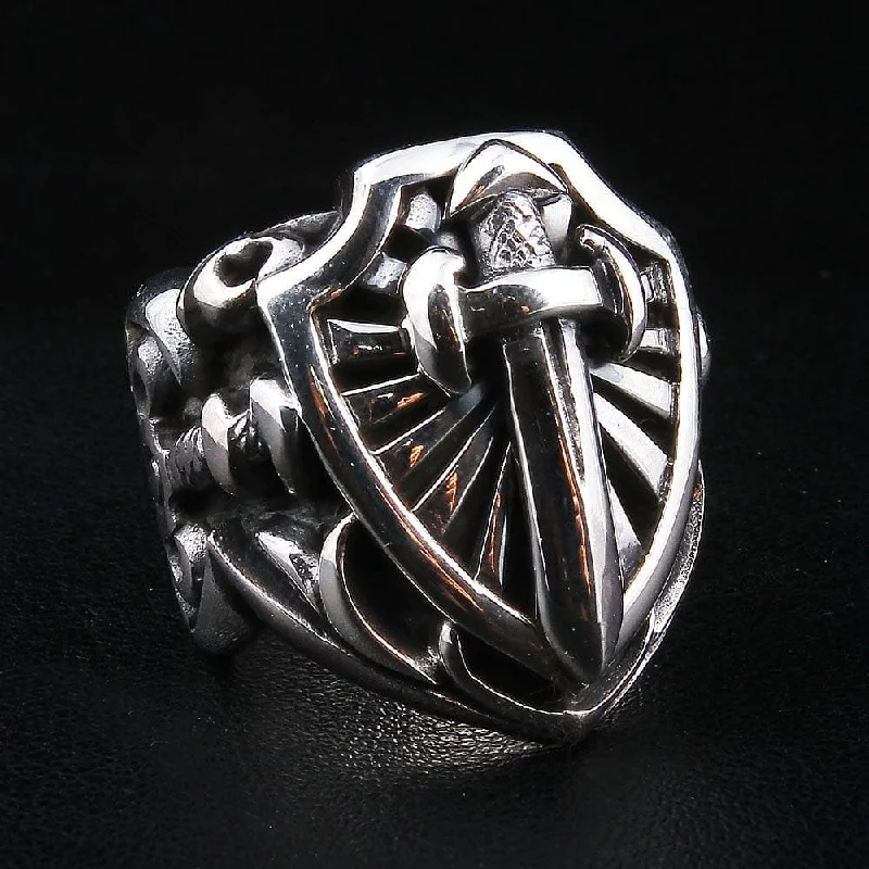 Rings with oxidized silver for antique appeal -Heavy Sterling Silver Sword Men's Ring