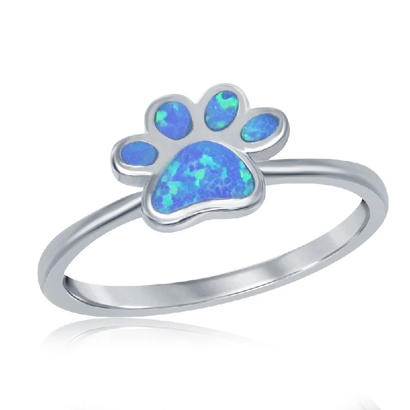 Rings with knot motifs for symbolic love -Sterling Silver Blue Inlay Opal Paw Print Ring - W-2613