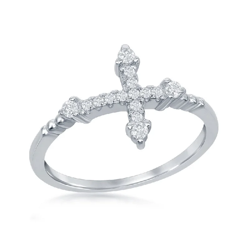 Dainty rings with subtle engraved star motifs -Sterling Silver CZ Micro Pave Cross Ring - W-1411