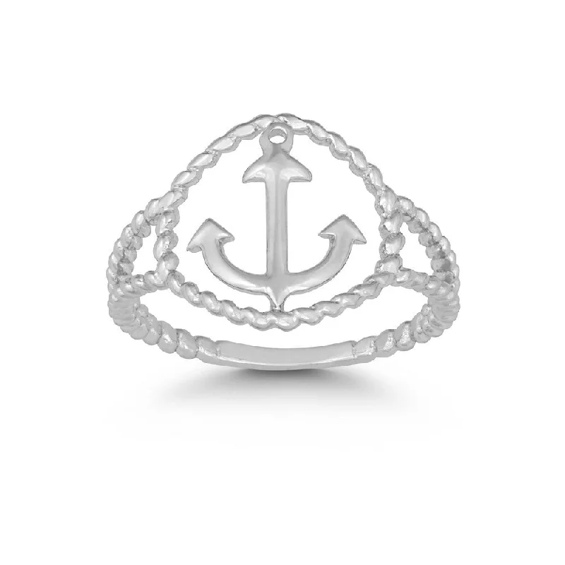 Rings with polished onyx for sleek contrast -Sterling Silver Rope Design Anchor Ring - W-9860