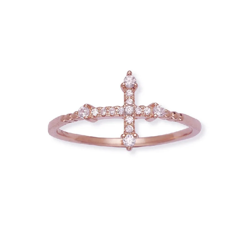 Rings with smoky quartz for muted elegance -Sterling Silver Rose GP CZ Micro Pave Cross Ring - W-1293