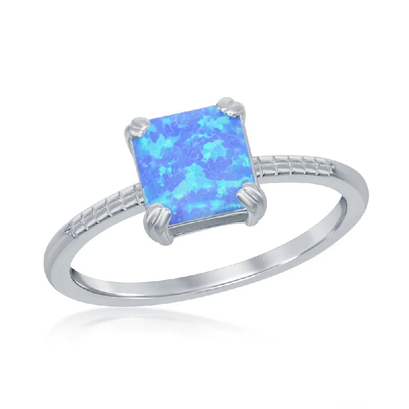 Rings with carved turquoise for artistic flair -Sterling Silver Square Blue Opal Beaded Band Ring - W-2527