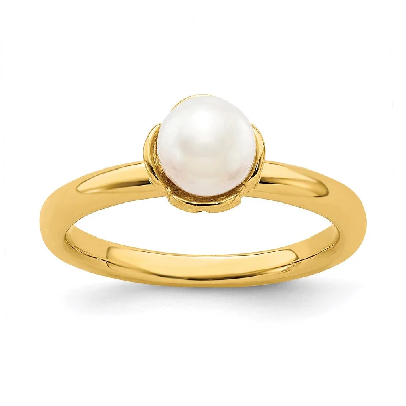 Rings with hematite for sleek metallic sheen -Sterling Silver Stack Exp. White FW Cultured Pearl Gold-plated Ring | QSK749