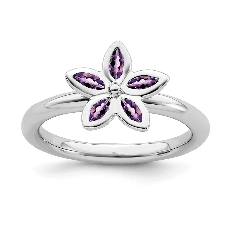 Rings with pink sapphire for delicate charm -Sterling Silver Stackable Expressions Amethyst Flower Ring | QSK488