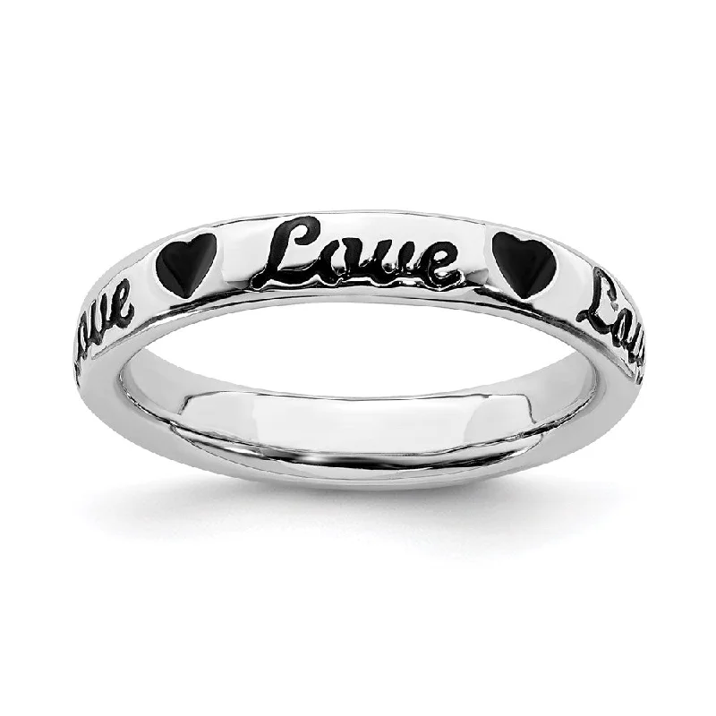 Titanium rings with rugged brushed metal look -Sterling Silver Stackable Expressions Black Enamel Love Ring | QSK1538