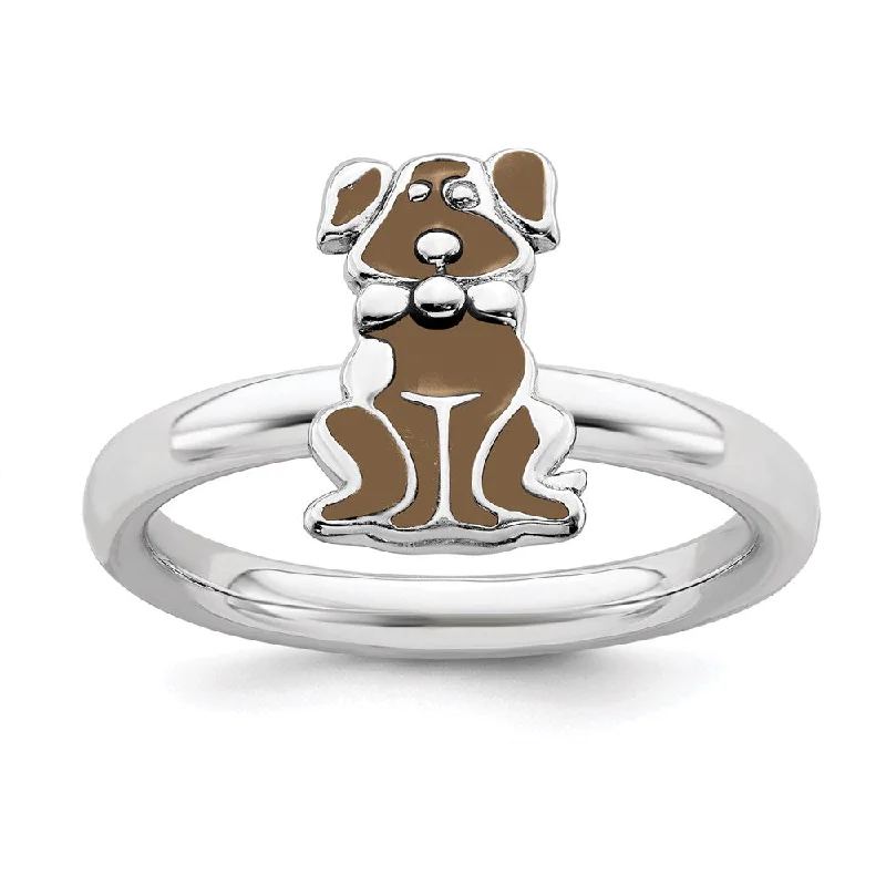 Rings with raw garnet stones for texture -Sterling Silver Stackable Expressions Brown Enameled Dog Ring | QSK557