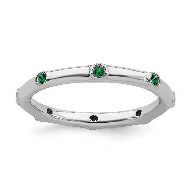 Rings with hexagon-cut stones for trendiness -Sterling Silver Stackable Expressions Created Emerald Ring | QSK378