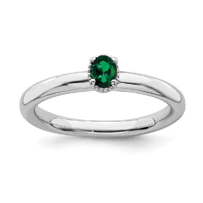 Rings with malachite stones for green patterns -Sterling Silver Stackable Expressions Created Emerald Single Stone Ring | QSK1571