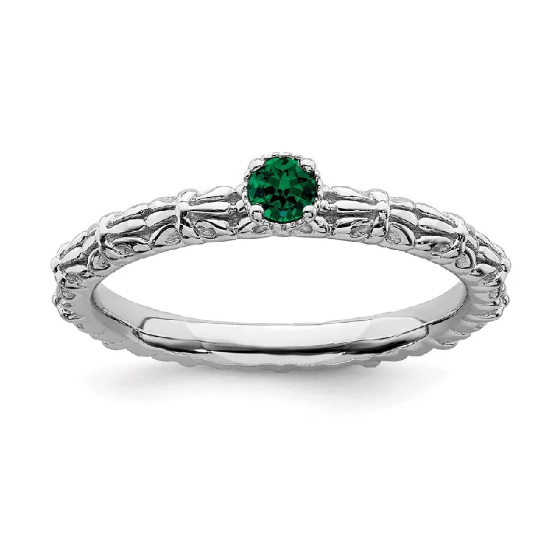 Rings with floral halo diamond arrangements -Sterling Silver Stackable Expressions Created Emerald Single Stone Ring | QSK1589