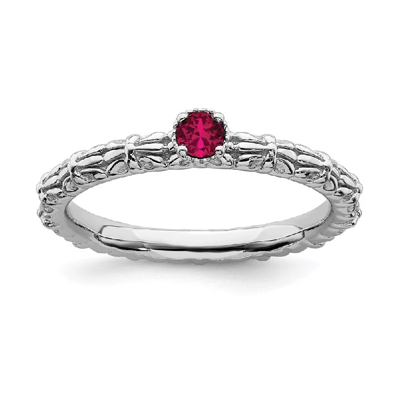 Rings with twisted rose gold band designs -Sterling Silver Stackable Expressions Created Ruby Single Stone Ring | QSK1588