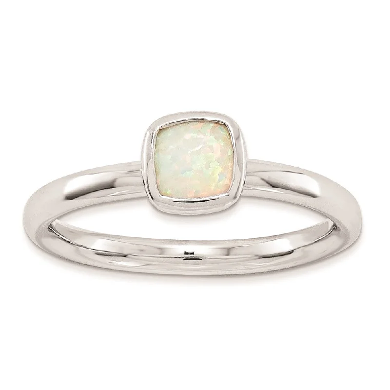 Bold rings with oversized amethyst gemstones -Sterling Silver Stackable Expressions Cushion Cut Created Opal Ring | QSK986