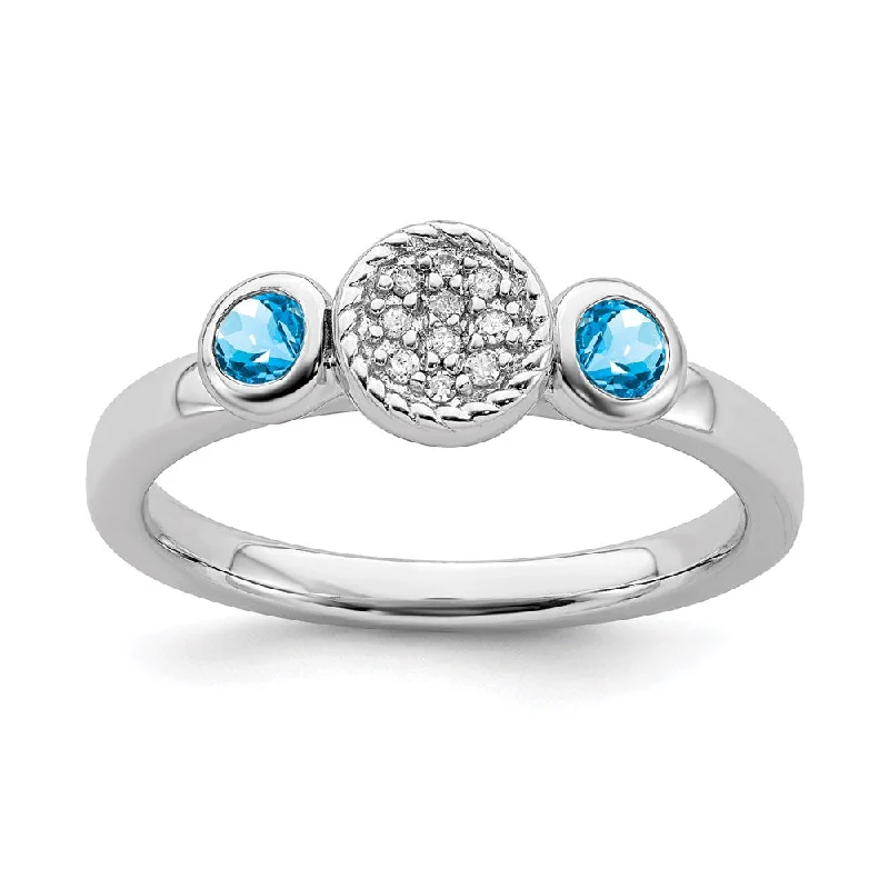 Platinum rings with sparkling sapphire center stones -Sterling Silver Stackable Expressions Dbl Round Blue Topaz & Dia. Ring | QSK531