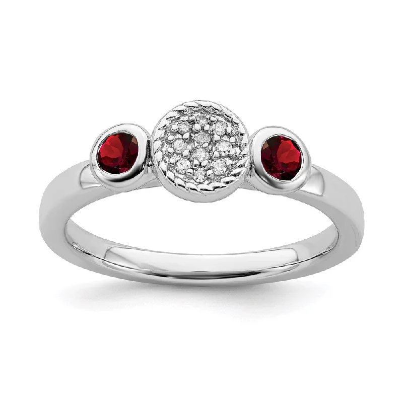 Rings with birthstone clusters for personalization -Sterling Silver Stackable Expressions Dbl Round Garnet & Dia. Ring | QSK520