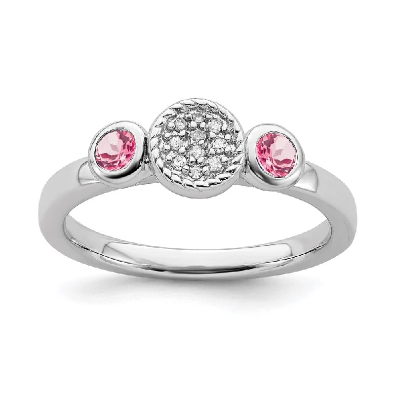 Handcrafted rings with raw emerald rough stones -Sterling Silver Stackable Expressions Dbl Round Pink Tourm. & Dia. Ring | QSK529