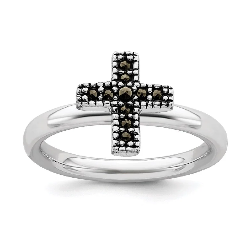 Rings with wide bands for statement wear -Sterling Silver Stackable Expressions Marcasite Cross Ring | QSK815