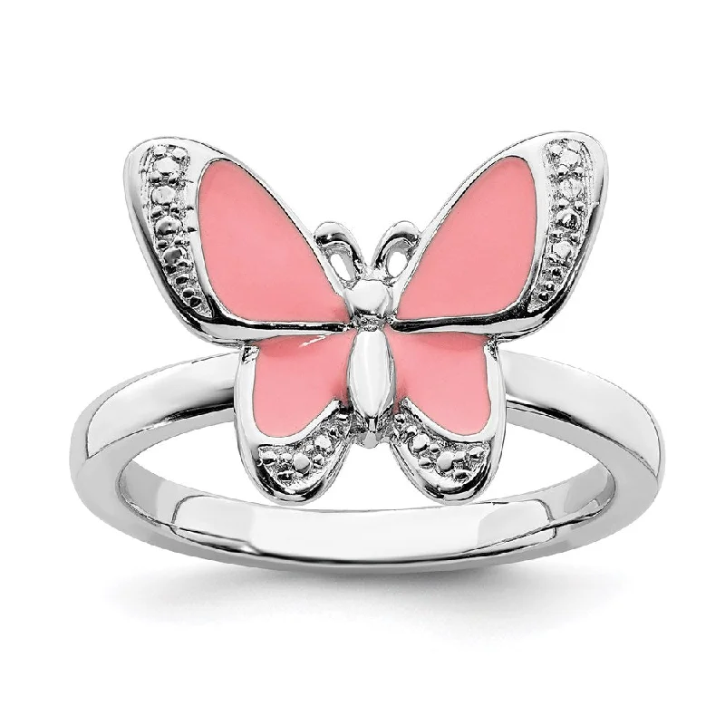 Rings with coral stones for vibrant pop -Sterling Silver Stackable Expressions Pink Enamel Butterfly Ring | QSK1543