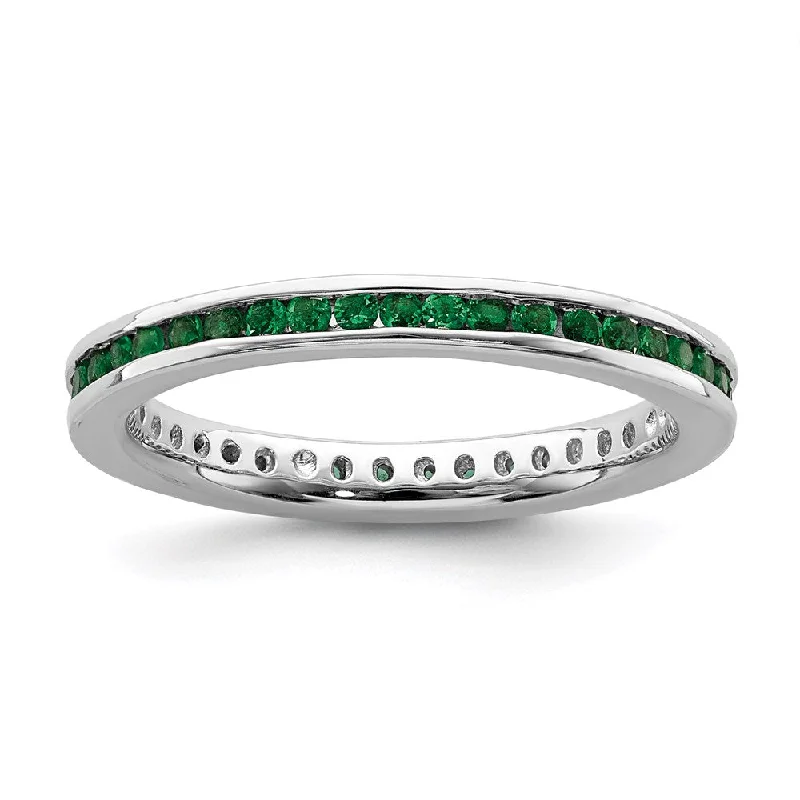 Rings with herkimer diamonds for raw clarity -Sterling Silver Stackable Expressions Polished Created Emerald Ring | QSK661