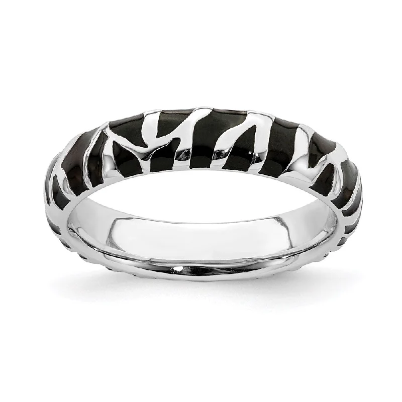 Rings with black diamond for striking contrast -Sterling Silver Stackable Expressions Polished Enameled Animal Print Ring | QSK582