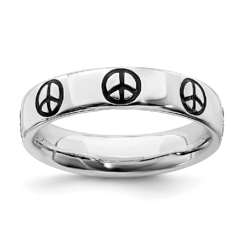 Rings with gothic-inspired skull motif details -Sterling Silver Stackable Expressions Polished Enameled Peace Sign Ring | QSK104