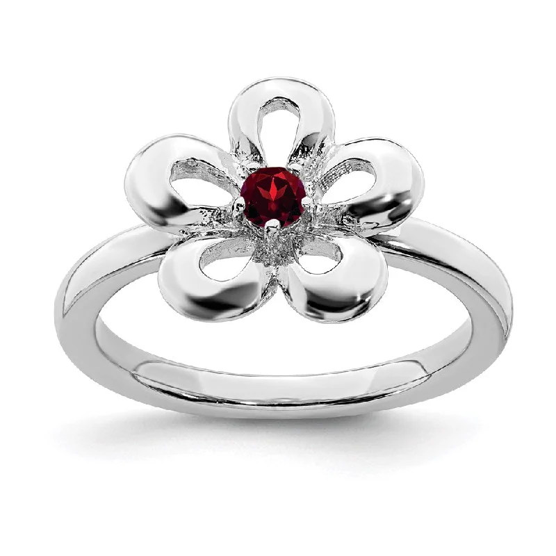 Rings with channel-set turquoise for color -Sterling Silver Stackable Expressions Polished Garnet Flower Ring | QSK120