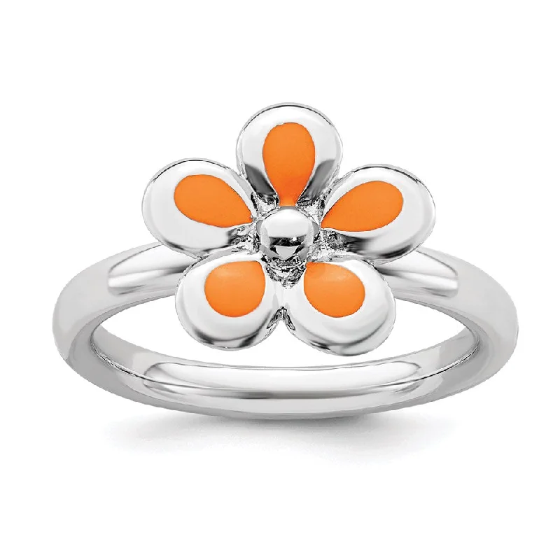 Rings with tourmaline gems for bold hues -Sterling Silver Stackable Expressions Polished Orange Enameled Flower Ring | QSK123