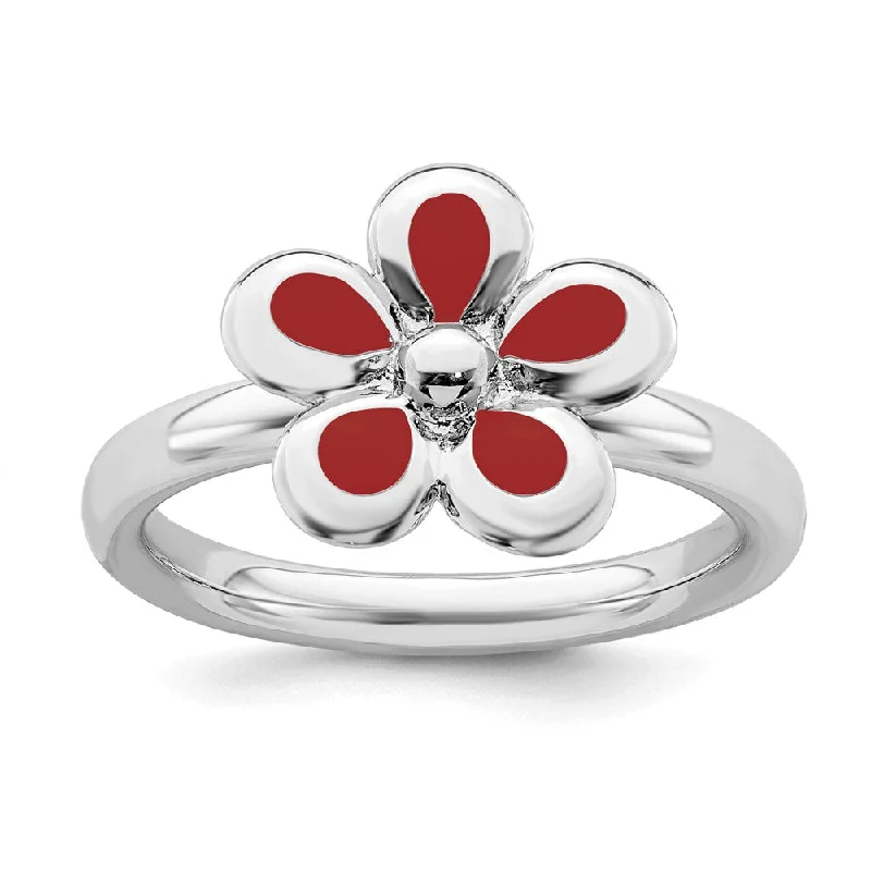 Rings with floral halo diamond arrangements -Sterling Silver Stackable Expressions Polished Red Enameled Flower Ring | QSK122