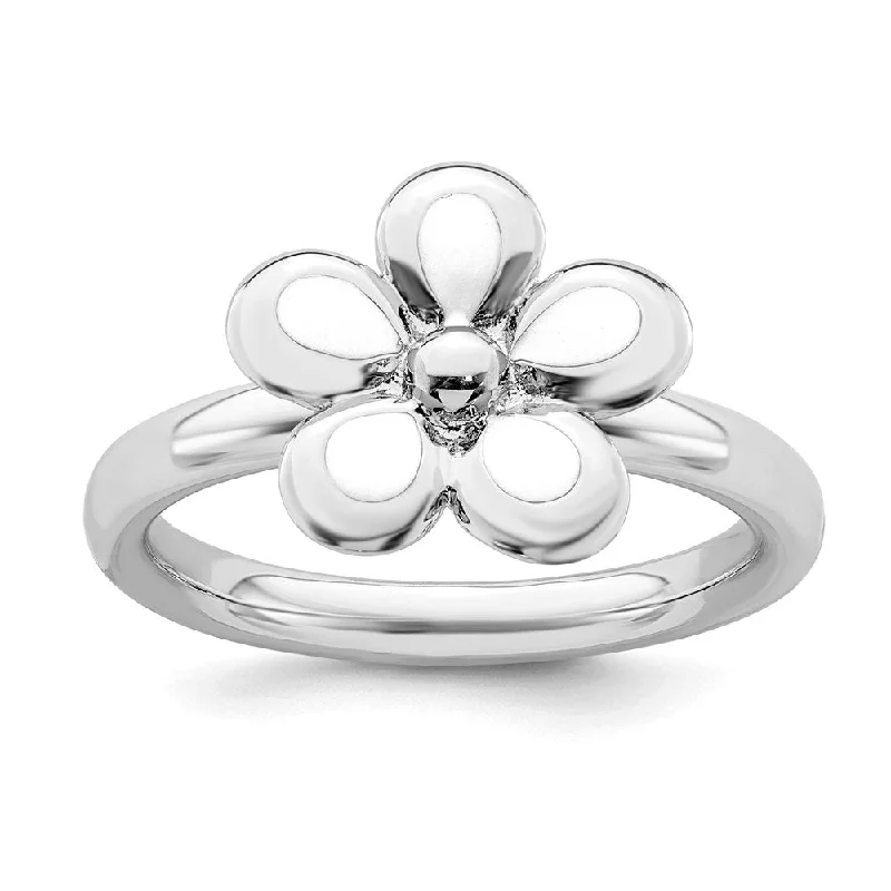 Minimalist rings with tiny diamond dot accents -Sterling Silver Stackable Expressions Polished White Enameled Flower Ring | QSK124