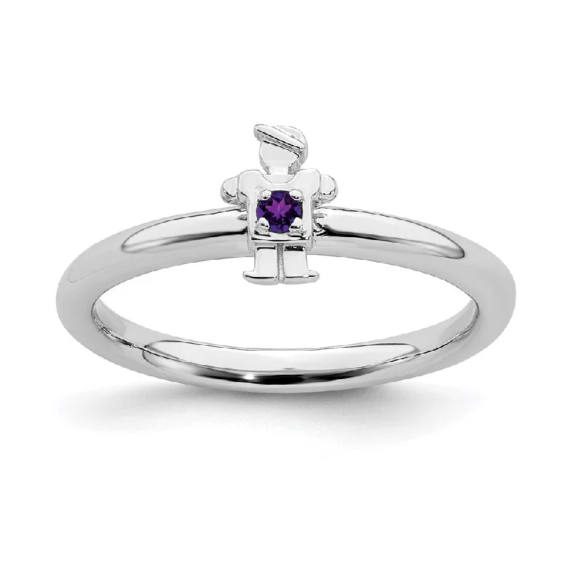 Rings with raw topaz for icy charm -Sterling Silver Stackable Expressions Rhodium Amethyst Boy Ring | QSK1912