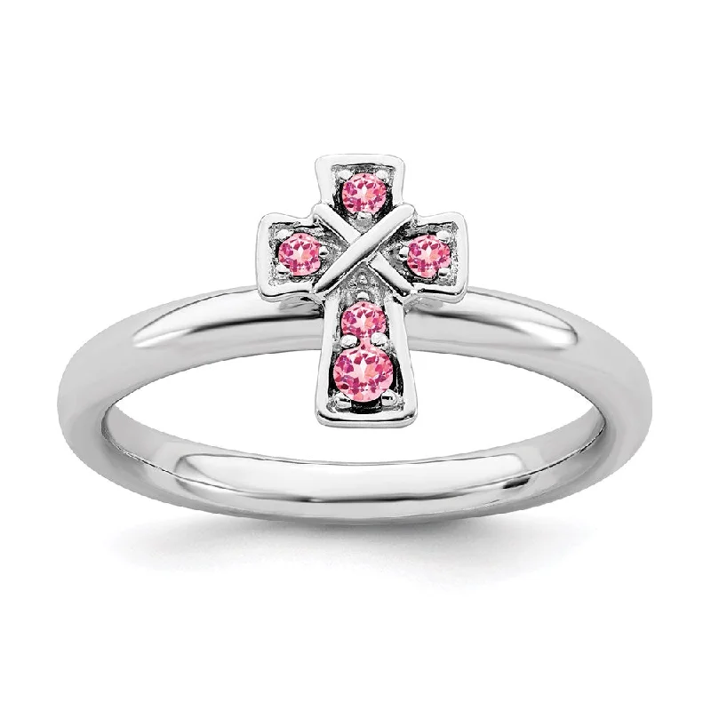 Rings with claw-set moonstone for mystique -Sterling Silver Stackable Expressions Rhodium Pink Tourmaline Cross Ring | QSK1639