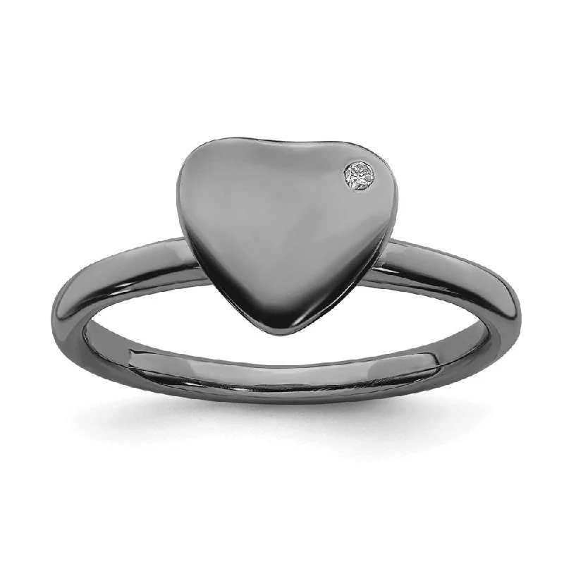 Rings with herkimer diamonds for raw clarity -Sterling Silver Stackable Expressions Ruthenium-plated Heart Diamond Ring | QSK1601