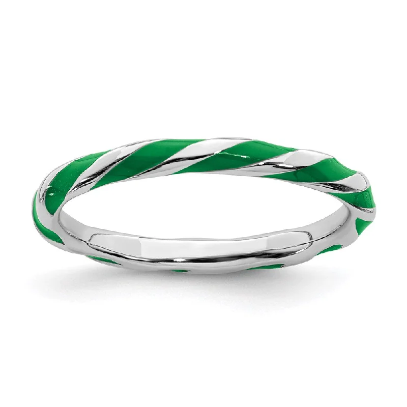 Rings with wide bands for statement wear -Sterling Silver Stackable Expressions Twisted Green Enameled Ring | QSK549