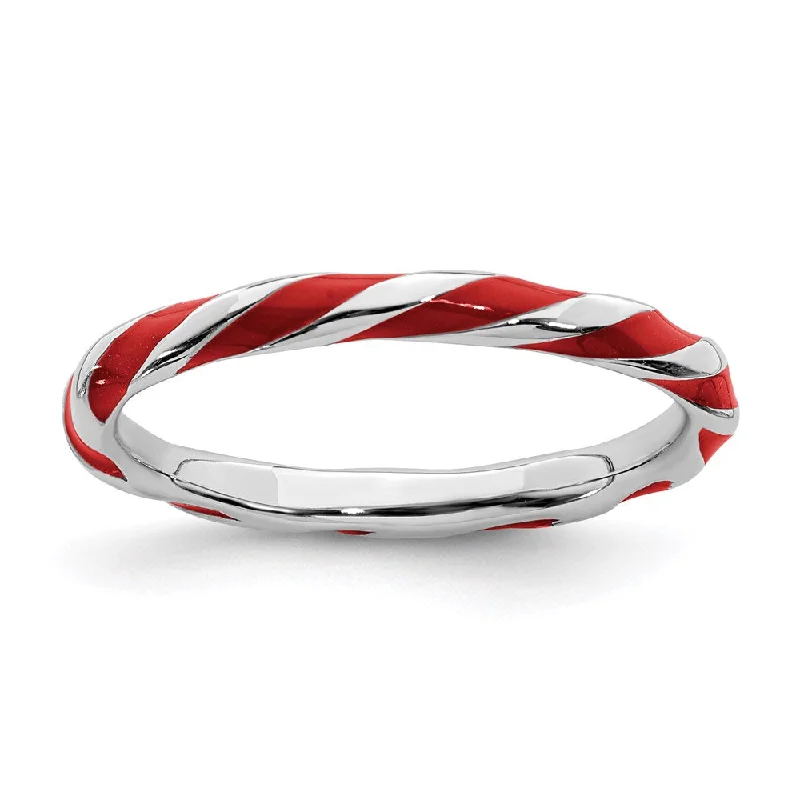 Rings with hematite for sleek metallic sheen -Sterling Silver Stackable Expressions Twisted Red Enameled Ring | QSK547