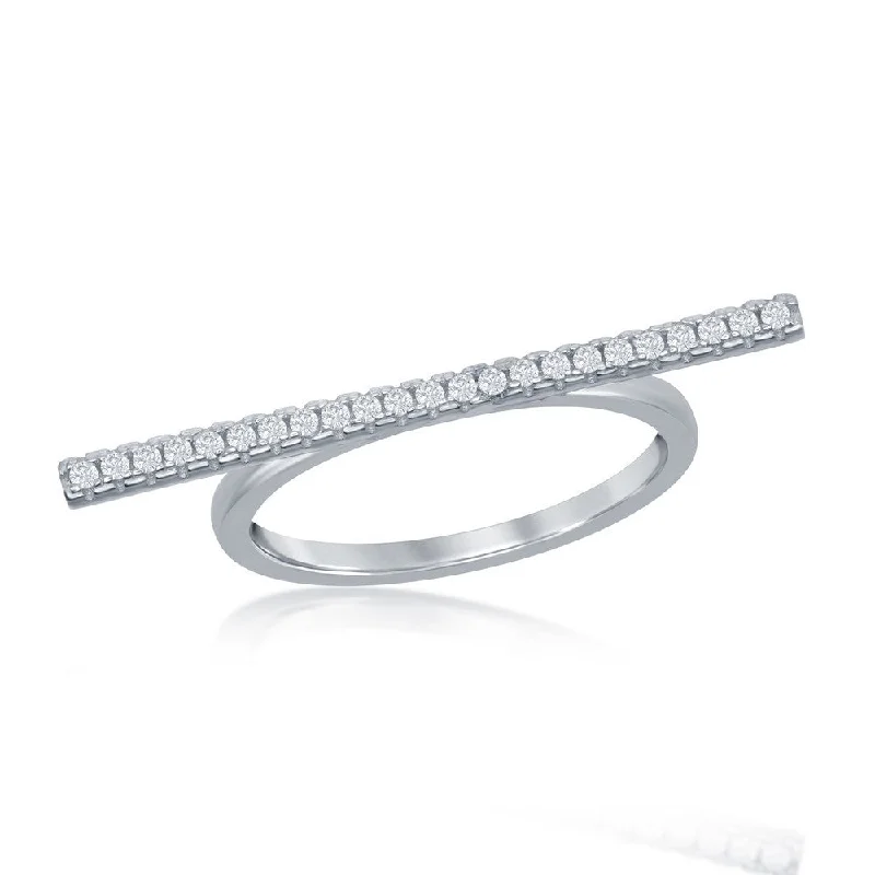 Chunky rings with hammered gold band texture -Sterling Silver Thin Horizontal CZ Bar Ring - W-1445