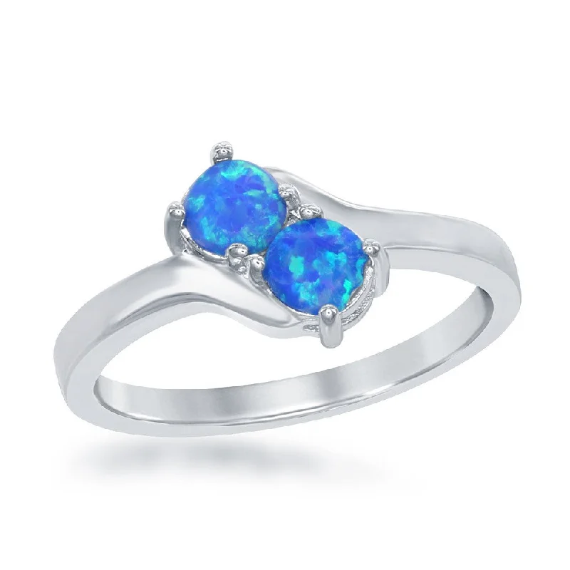 Vintage rings with engraved floral band designs -Sterling Silver Us2gether Two-Stone Blue Opal CZ Ring - W-1691