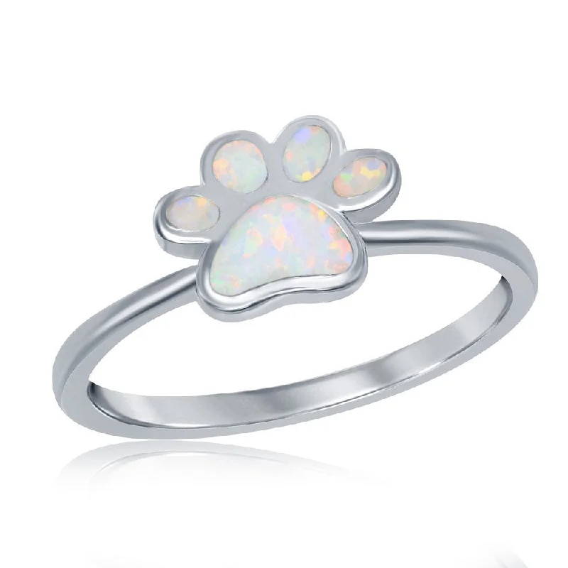 Rings with lotus flower engravings for peace -Sterling Silver White Inlay Opal Paw Print Ring - W-2614